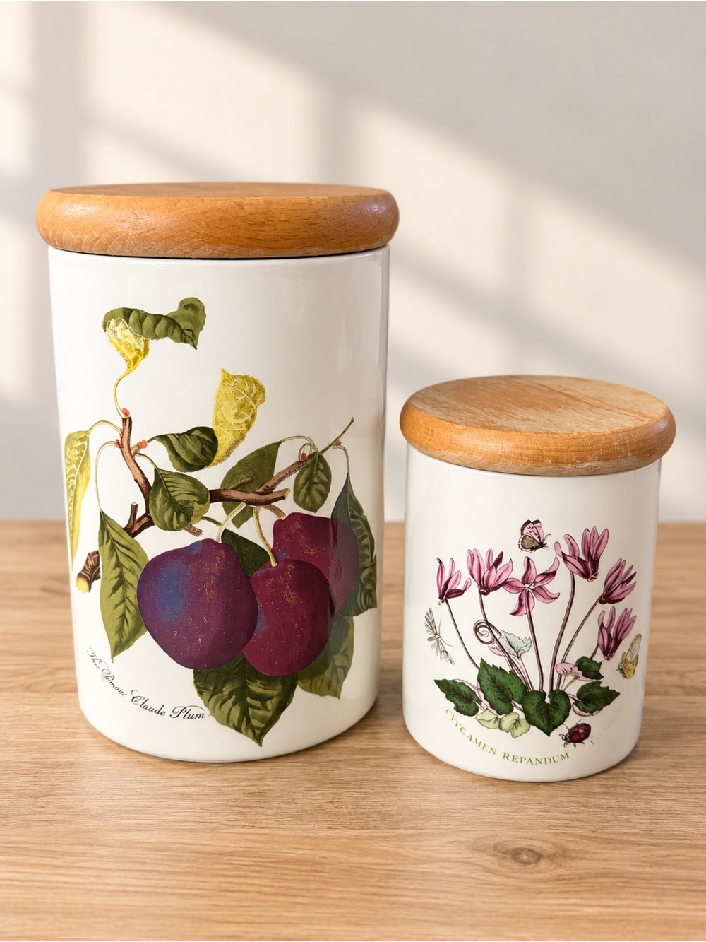 Portmeirion Pomona & Botanic Garden Ceramic Storage Canisters Wood Lids Set of 2